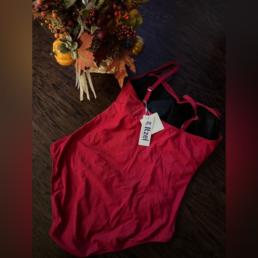 Women's Red Ruched One-Piece Swimsuit - Picture 7 of 9
